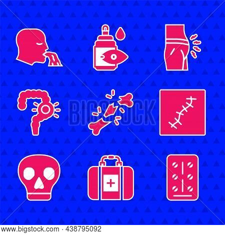 Set Human Broken Bone, First Aid Kit, Pills In Blister Pack, Scar With Suture, Skull, Gut Constipati
