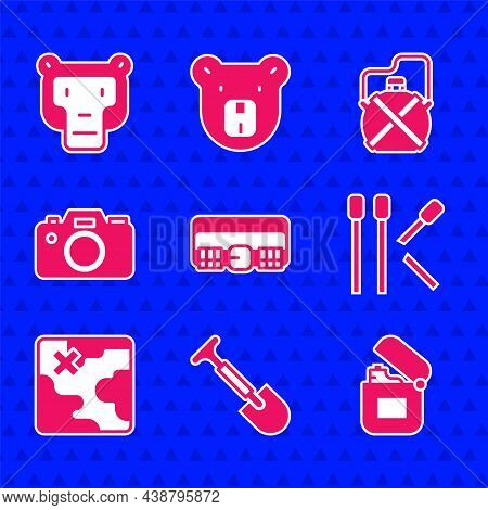 Set Hunting Cartridge Belt, Shovel, Lighter, Matches, Africa Safari Map, Photo Camera, Canteen Water
