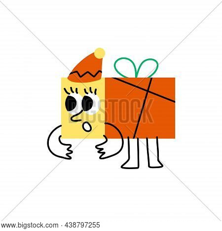 Christmas Character - Fun Gift With Face. Abstract Red Box With Arms And Legs.