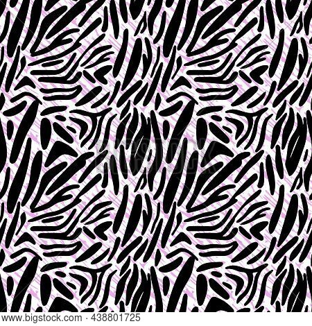 Animalistic Seamless Pattern In Pink Ad Black Colors. Surface Design On Whild Life Subject.