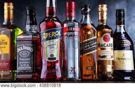 Poznan, Pol - Oct 27, 2021: Bottles Of Assorted Global Hard  Liquor Brands Including Whiskey, Vodka,