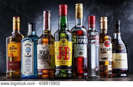 Poznan, Pol - Oct 27, 2021: Bottles Of Assorted Global Hard  Liquor Brands Including Whiskey, Vodka,