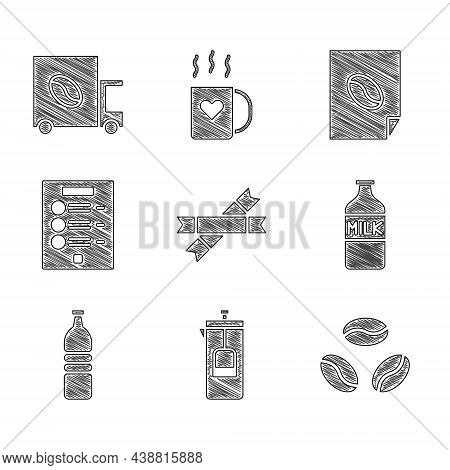Set Sugar Stick Packets, French Press, Coffee Beans, Bottle With Milk, Water, Menu, Poster And Stree
