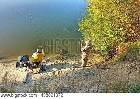 Sedniv Village Chernihiv Region / Ukraine. 29 September 2020: Fishermen Take Pictures Of The Caught 