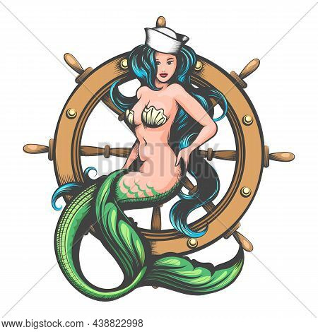 Colorful Tattoo Of Mermaidand Steering Wheel. Vector Illustration.