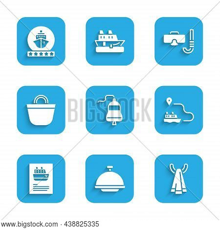 Set Ship Bell, Covered With Tray, Towel On Hanger, Line Path, Cruise Ship, Beach Bag, Diving Mask An