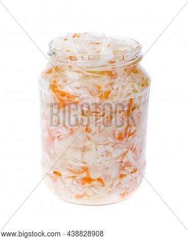 Sauerkraut In Glass Jar On White. Studio Photo.
