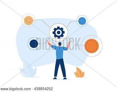 Man Pushing Gearwheel Button And Looking At Dropdown Menu. Concept Of Range Of Options, Choosing Bet