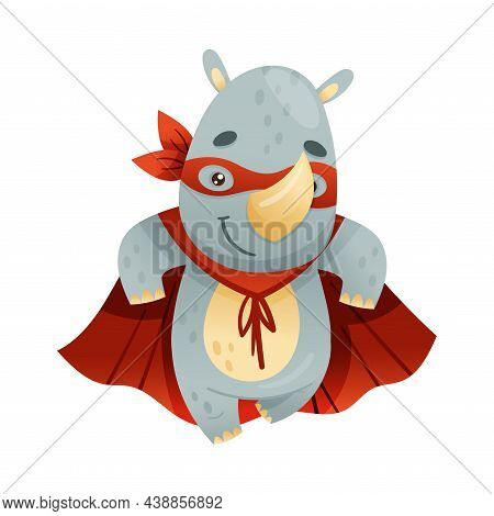 Horned Rhinoceros Animal Superhero Dressed In Mask And Red Cape Or Cloak Vector Illustration