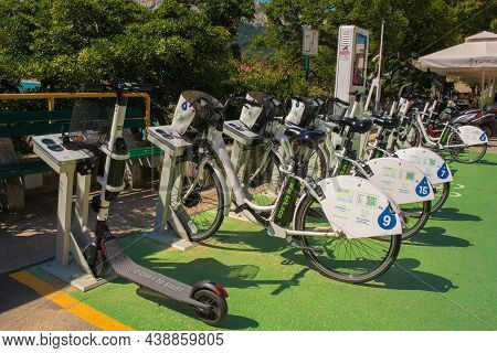 Baska, Croatia - 4th September 2021. A Bike Share Scheme In Historic Coastal Town Of Baska On Krk Is