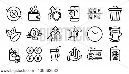 Tea, Dog Certificate And Passport Line Icons Set. Secure Shield And Money Currency Exchange. Trash B