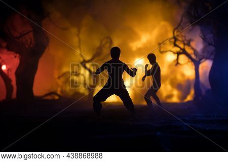 Karate Athletes Fighting Scene On Boxing Ring With Red Ropes. Character Karate. Posing Figure Artwor