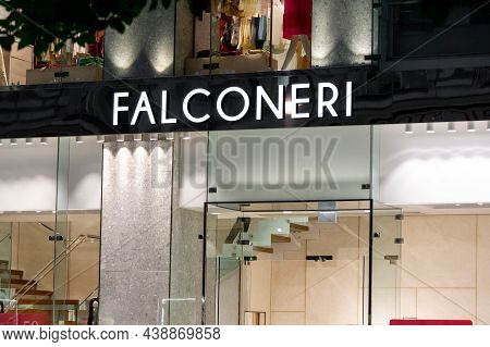 Vienna, Austria - July 27, 2021: The Storefront And Banner Of Falconeri Company Which Sells Luxury C