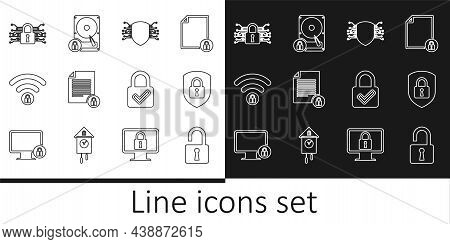 Set Line Open Padlock, Shield Security With, Cyber, Document And, Wifi Locked, Lock Check Mark And H