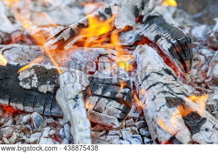 Burning Fire Of The Fire, Burning Wood, Yellow Flame From The Fire. A Beautiful Bonfire. Slow Burnin