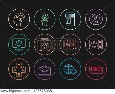 Set Line Cannabis Molecule, Marijuana And Cannabis Store, Medical Bottle With, Shopping Box Of Marij