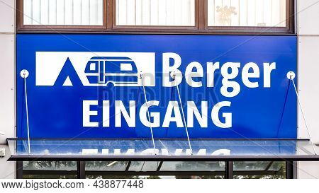 Giessen, Germany, 2021-06-10  Berger Logo On A Camping Berger Warehouse In Giessen. Fritz Berger Off