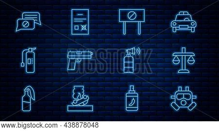 Set Line Gas Mask, Scales Of Justice, Protest, Pistol Or Gun, Fire Extinguisher, Speech Bubble Chat,
