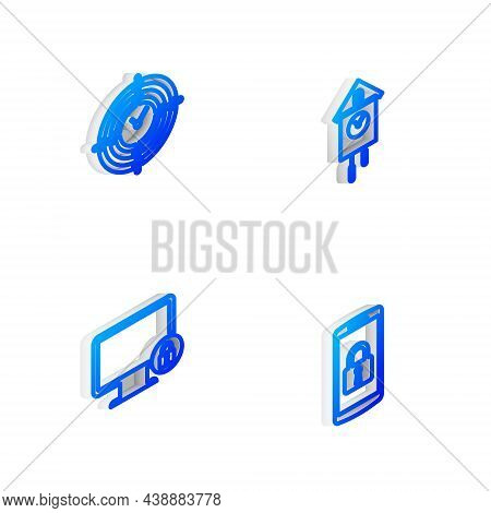 Set Isometric Line Retro Wall Watch, Time Management, Lock On Monitor And Smartphone With Lock Icon.