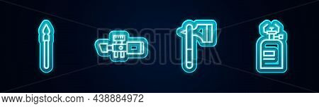 Set Line Medieval Spear, Sniper Optical Sight, Wooden Axe And Camping Gas Stove. Glowing Neon Icon. 