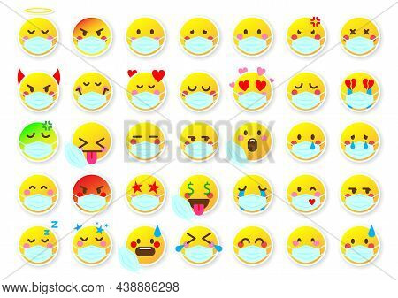 Emoji Face Sticker Mood Web Badge Yellow Flat Set. Virus Protection Disease Covid Medicine Character