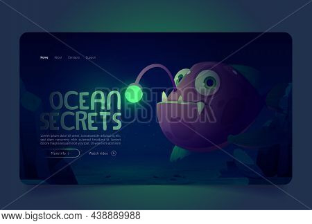 Ocean Secrets Banner With Angler Fish Under Water On Bottom. Vector Landing Page Of Underwater Sea L