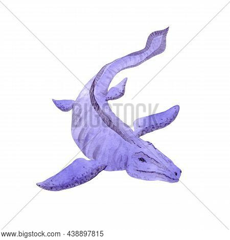 Mosasaurus Isolated On White. Water Dinosaur Predator In Violet Color. Watercolor Illustration. Desi