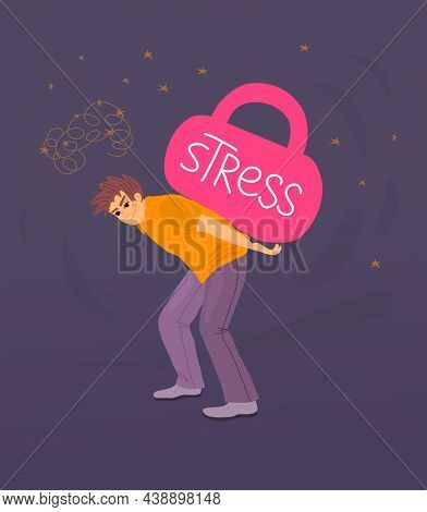 Stress Is Like Heavy Burden, Load. Tension, Heaviness In Business Life. Exhausted Man Holding Huge K