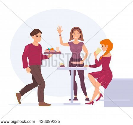 Students Lunch Time. Group Of Young People Eating Fast Food, Drink Coffee, Eat Hot Dog. Meeting Frie