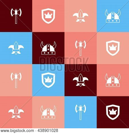 Set Pop Art Medieval Poleaxe, Shield With Crown, Fleur De Lys Or Lily Flower And Viking In Horned He