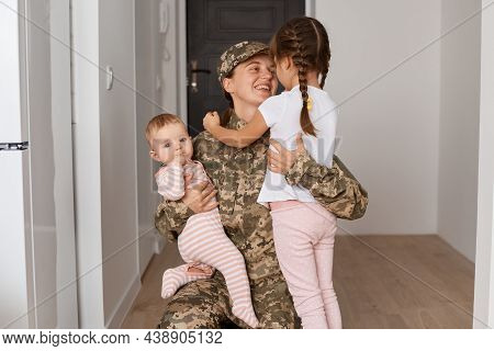 Young Adult Woman Soldier Wearing Camouflage Uniform, Military Female Servant Meeting His Cute Lovel