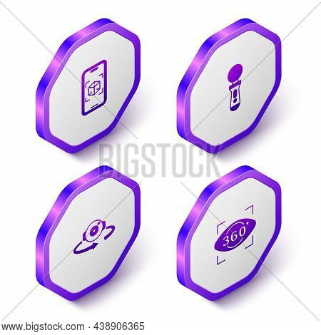 Set Isometric 3d Modeling, Vr Controller Game, 360 Degree View And Icon. Purple Hexagon Button. Vect