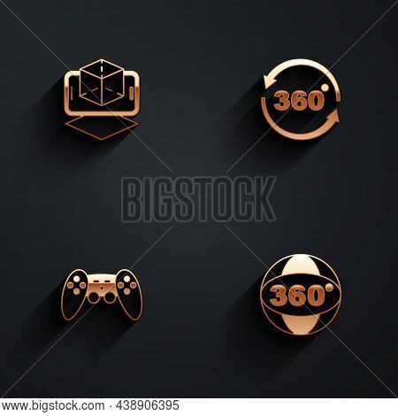 Set 3d Modeling, 360 Degree View, Gamepad And Icon With Long Shadow. Vector