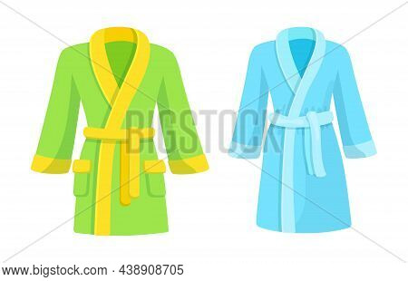 Green And Blue Bathrobe Mockup. Soft Comfortable Cotton Bathrobe For Spa And Bathroom. Personal Hygi