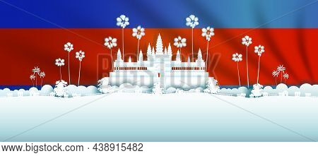Illustration Anniversary Celebration Cambodia Day With Cambodia Flag Background. Travel Landmarks An