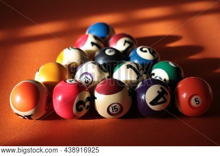 Pool Balls Pyramid On Orange Cloth For Eightball Game