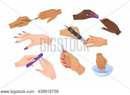 Female Manicure Hands, Accessories Equipment And Procedures. Female Palms, Bottle With Nail Polish, 