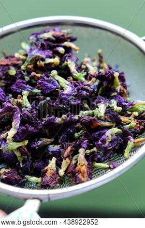 Dried Butterfly Pea, The Process Of Making Butterfly Pea Juice By The Traditional Thai Method.