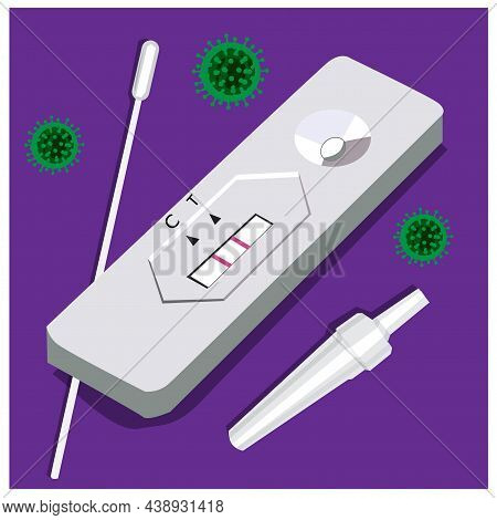 Vector Illustration Of Covid-19, Antigen Test Kit (atk) 
With A Nasal Swab. Reagent And Virus In The