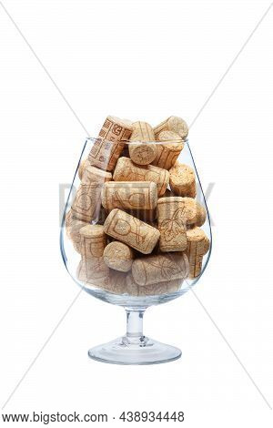 Glass Filled With Wine Corks, On A White Background Isolated