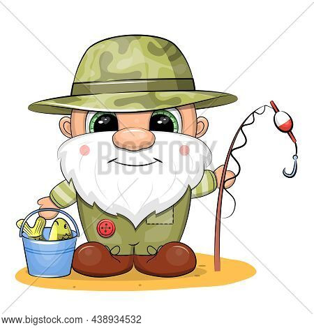 Cute Cartoon Man In The Hat Holds A Fishing Rod And A Bucket With Fish. Vector Illustration On White