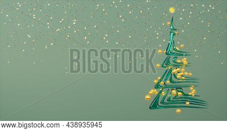 3d Render Of Abstract Green Christmas Tree With Gold Balls And Confetti On Green Background.