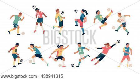 Soccer Players. Guys And Girls Athletes In Dynamic Poses, Football Team Players With Balls, Batting 