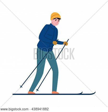 Winter Outdoor Games. Young Man Skiing. People Cold Season Activities, Extreme Sport, Happy Boy Walk