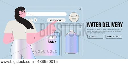Woman Oder Online On Website Bottled Clean Spring Water For Office Or Home Use. Web Page With Water 