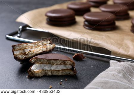 Tasty Broken Choco Pie On Grey Table, Closeup View