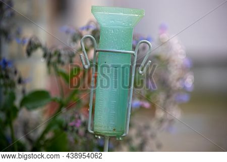Close Up Of Plastic Rain Gauge In Garden With Flowers In Background After Heavy Rain