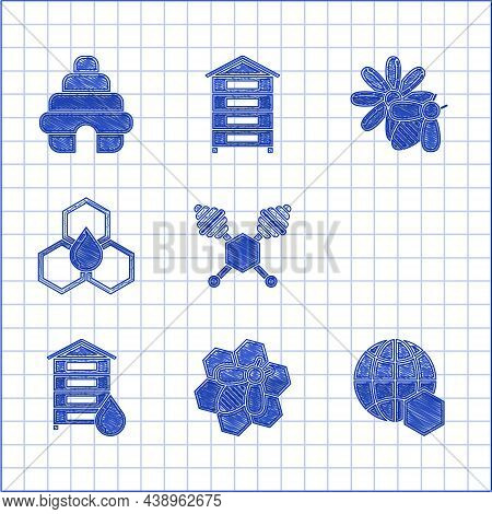 Set Honey Dipper Stick, Bee And Honeycomb, Honeycomb Map Of The World, Hive For Bees, Flower And Ico
