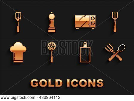 Set Spatula, Fork, Crossed Fork And Spoon, Cutting Board, Chef Hat, Microwave Oven, And Pepper Icon.
