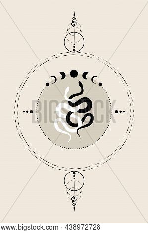 Mystical round frame and two snakes, yin and yang, black an white, moon phases circle in retro style vector isolated on a vintage background